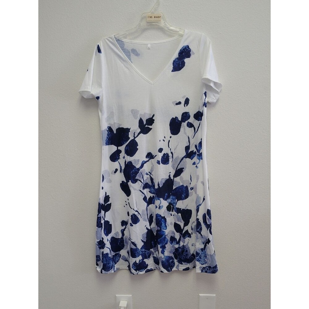 White V-Neck Dress with Blue Floral Print